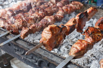Beef kebab. Fresh meat at grill, bbq