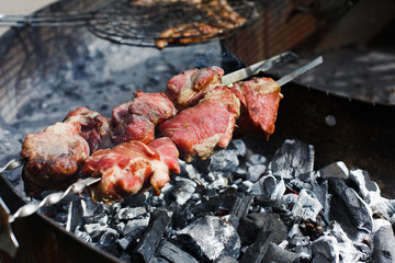 Raw kebab. Fresh meat at grill, barbecue