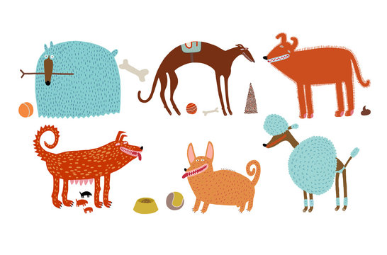 The vector illustration of various blue and orange dogs