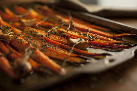 Roasted carrots on metal tray