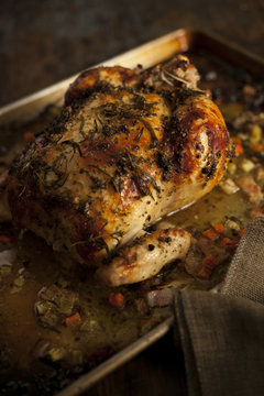 Succulent whole roast chicken on tray