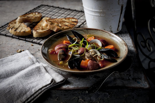 Freshly made Seafood Soup with Bread