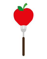 red apple with green leaves on a fork front view over isolated background,vector illustration