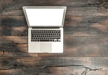 Laptop notebook computer wooden table desk Office workspace