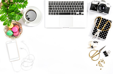 Working place office desk. Coffee cookies Flat lay social media