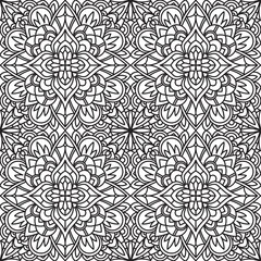 Seamless Square Abstract Tribal Black-White Pattern In Mono Line Style. Hand Drawn Ethnic Texture. Can be used as anti stress therapy for coloring or coloring-book.