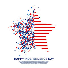 Happy Independence Day festive greeting card with scatter circles and stripes in star shape. Design concept poster in traditional American colors - red, white, blue. Isolated.