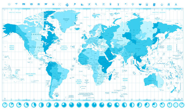 World Map with Standard Time Zones soft tints of blue and clock