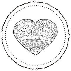 Adult coloring book page Vector heart shaped pattern Ethnic design in whimsical style with floral elements, Black line art on white background