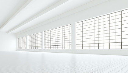 Empty modern industrial room with huge panoramic windows,painted white wood floor and blank walls.Generic design interior contemporary conference hall.Open space business idea.Horizontal.3D rendering.