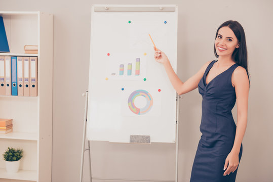 Young pretty businesswoman making presentation of business plan