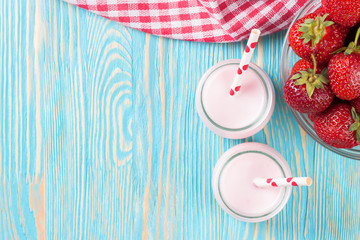 Strawberry milkshake in the glass jar