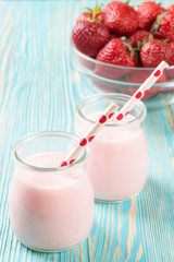 Strawberry milkshake in the glass jar