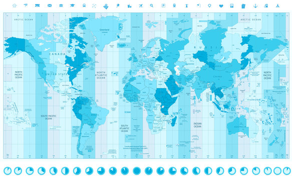 World Map with Standard Time Zones soft tints of blue with clock
