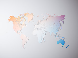 Clear Multicolor Texture Political World Map. 3D rendering. Empty Concrete wall background. High textured row materials. Mockup ready for business information. Horizontal.