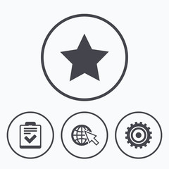 Star and globe signs. Checklist, gear.