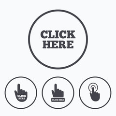 Click here signs. Hand press icons.