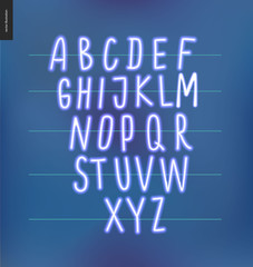 Neon alphabet volume 3 - vector illustrated kids font glowing letters set on blue background