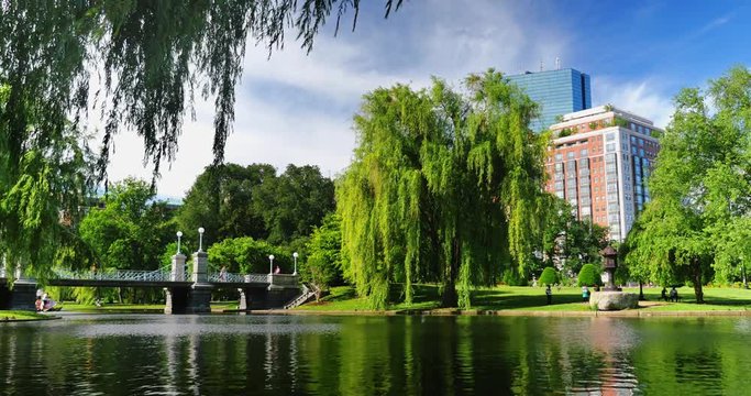 BOSTON, MA - Circa June, 2016 - A summer daytime establishing shot of people enjoying Boston Public Garden.	 	