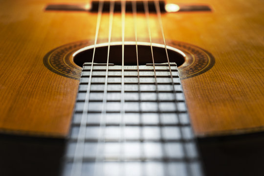 Close-up of classical guitar strings