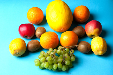 Fruit set on a blue background from above
