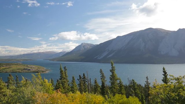Scenic lake and mountains on the Klondike Highway in Yukon, Canada