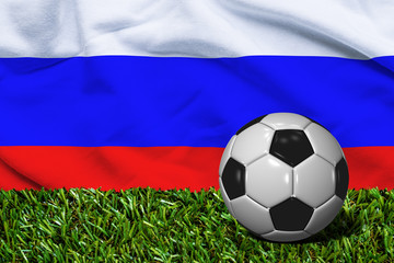 Fototapeta premium Soccer Ball on Grass with Russia Flag Background, 3D Rendering