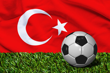 Soccer Ball on Grass with Turkey Flag Background, 3D Rendering