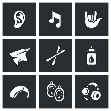 Vector Set of Deafness Icons. Ear, sound, sign language, anvil, cotton swab, boric acid, hearing aid, earring, headphone.