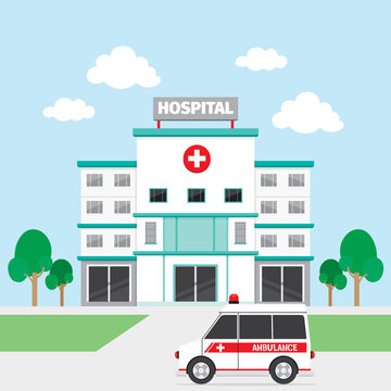 Hospital Building And Ambulance, Architecture, Exterior, Medical, Vehicle, Healthy, Emergency