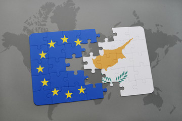 puzzle with the national flag of cyprus and european union on a world map background.