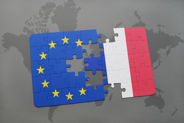 puzzle with the national flag of france and european union on a world map background.