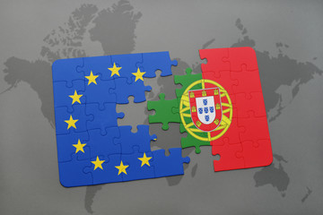 puzzle with the national flag of portugal and european union on a world map background.