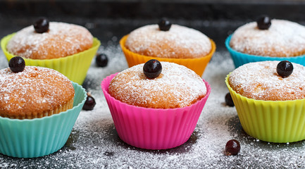 Muffins with black currant in silicone forms sprinkled