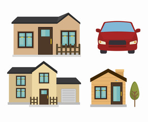 beautiful mansion and car  isolated icon design