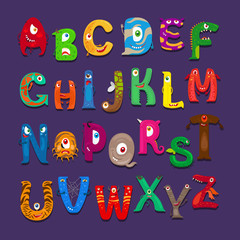 Funny alphabet. Vector cute funny abc for kids scrapbook