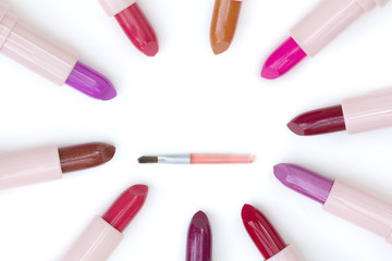 beautiful little lip brush and various colors of lipsticks