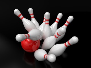 Bowling ball and skittles isolated. 3d rendering.