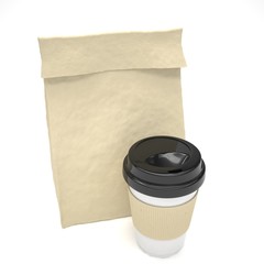 Coffee to go and lunch bag, on white. 3d rendering.
