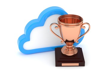 Isoalted bronze cup with cloud on white background. Blue contour cloud. Concept of cloud storage competition. Leader cloud drive. Best storage contest. 3D rendering.