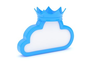 Isolated blue cloud icon with crown on white background. Symbol of communication, network and technology. Broadband. Online database. 3D rendering.