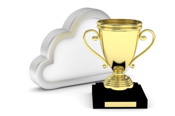 Isoalted golden cup with cloud on white background. Concept of cloud storage competition. Leader cloud drive. Best storage contest. 3D rendering.