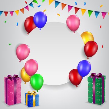 Birthday balloons with blank sign and gift box