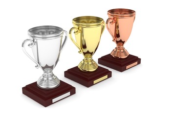 Three cups on white background. 3D rendering.