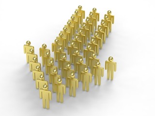 Many 3d people figure in arrow shape with the leader in front. 3d rendering.