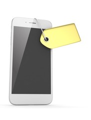 White smart phone with golden price tag on white background. Identification, price, label. Luxury and expensive offer. 3D rendering.