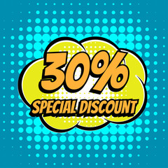 30 % special discount comic book bubble text retro style