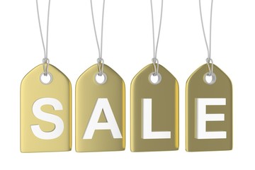 Golden isolated sale labels on white background. Price tags. Special offer and promotion. Store discount. Shopping time. 3D rendering.