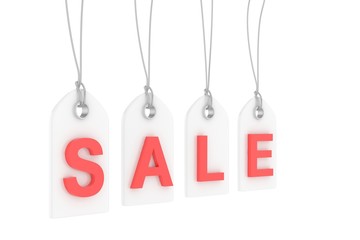 Colorful isolated sale labels on white background. Price tags. Special offer and promotion. Store discount. Shopping time. Red letters on white labels. 3D rendering.