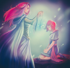 Cartoon fantasy illustration of a goddess queen is giving a crystal pendant to young princess in...